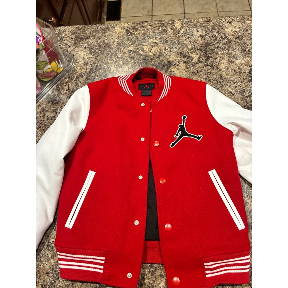 Jordan Flight Kids Varsity Jacket Red White Jumpman Letterman Size M 10-12Y